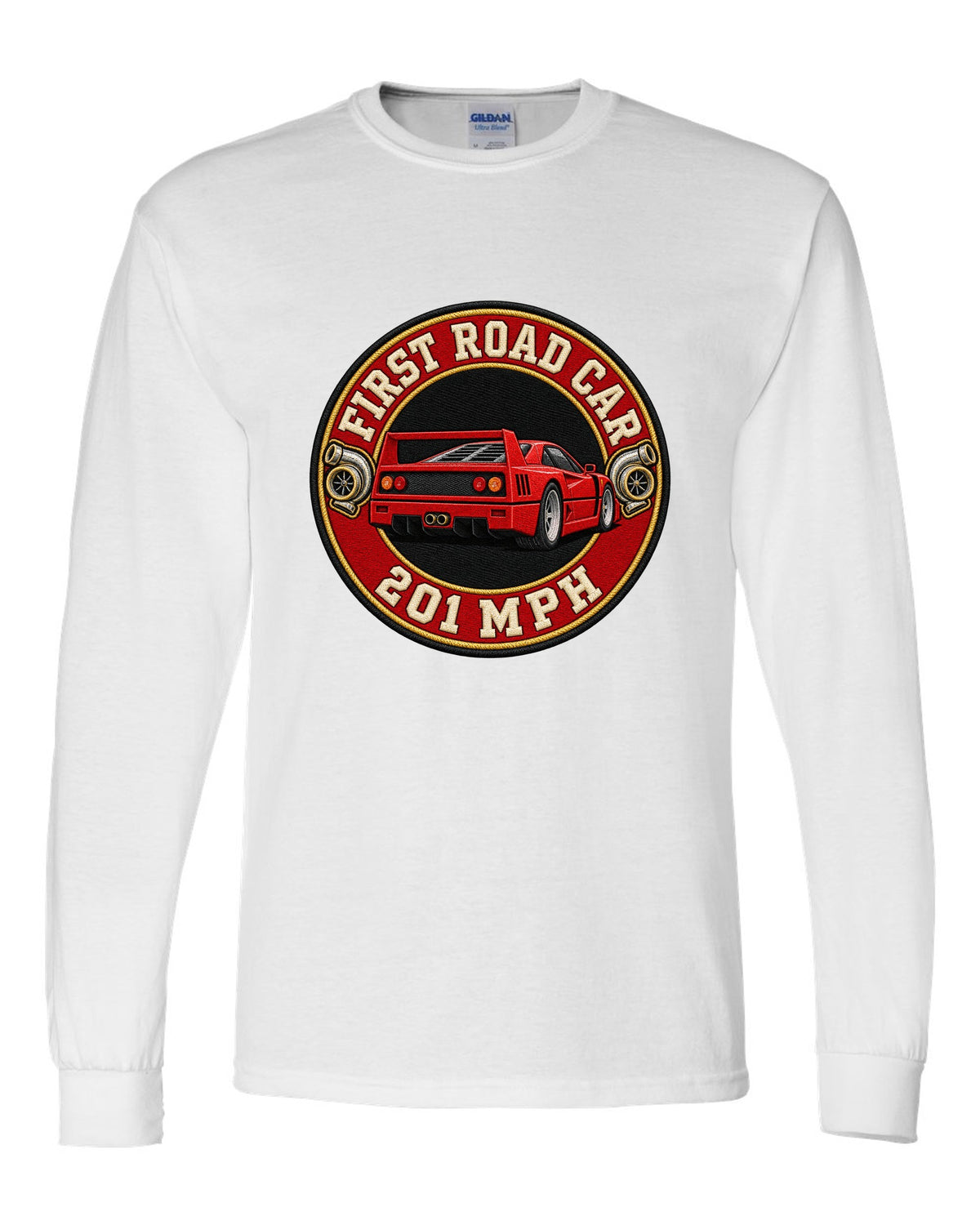 Embroidery-style varsity roundel of a 1987 Ferrari F40 F120 with first road car 201 MPH text white long sleeve front view with the design