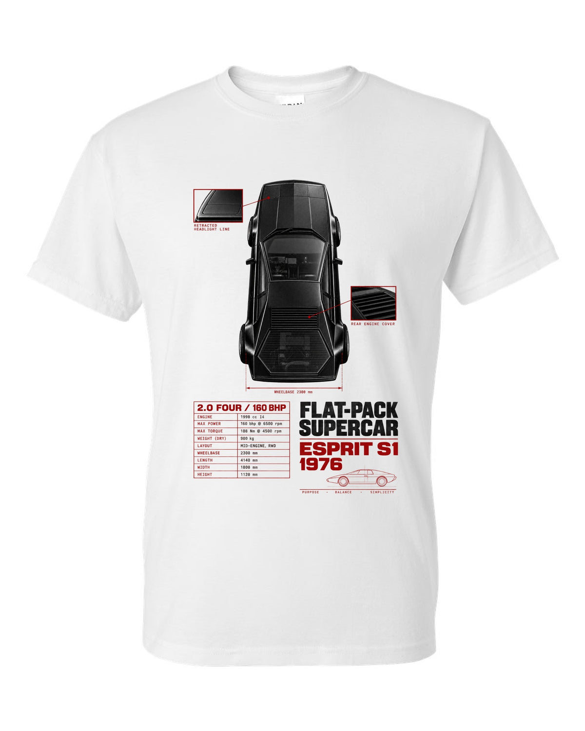 Lotus Esprit S1 top-down spec poster with 2.0 four and 160 bhp white t-shirt front view with the design