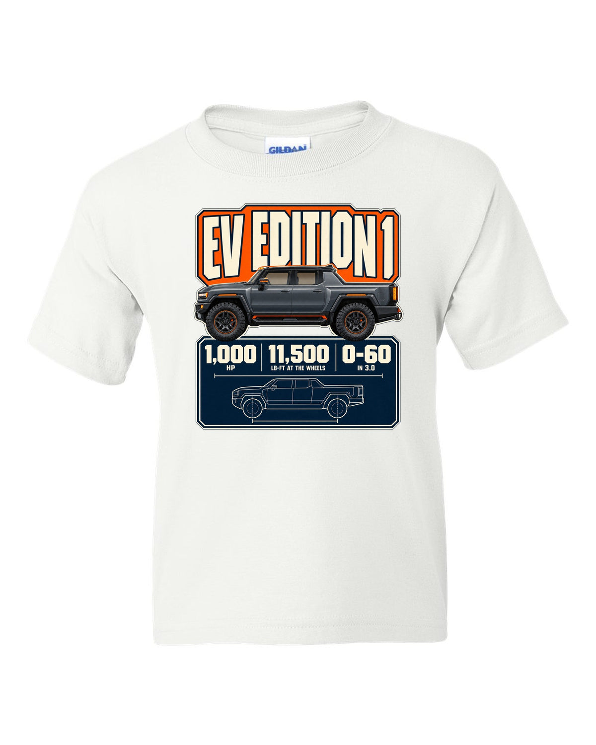 Spec poster print of the Hummer EV Edition 1 with horsepower and torque figures white kids tee front view with the design