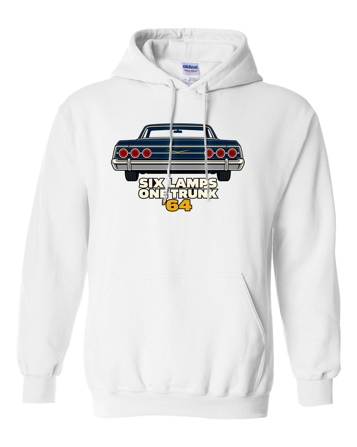 1964 Chevrolet Impala rear in minimal geometric vector style with text Six Lamps One Trunk '64 white pull over hoodie front view with the design