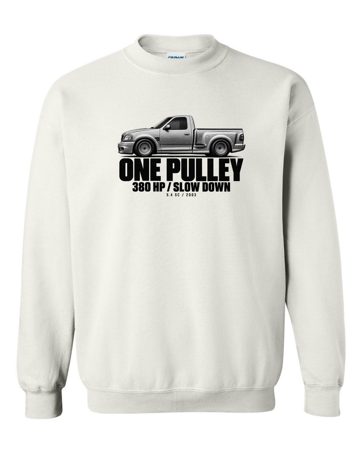 Halftone print of a 2002-03 Ford F-150 SVT Lightning with 380 HP text white crewneck front view with the design