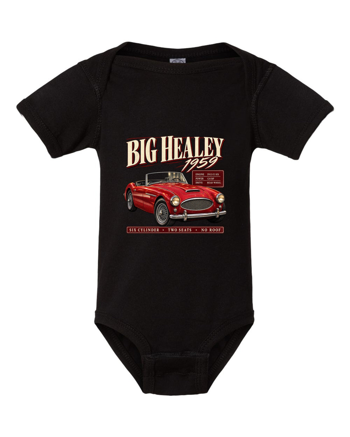 print of a red 1959 Austin-Healey 3000 Mk I BN7 in three-quarter front view with spec panel black baby onesie front view with the design