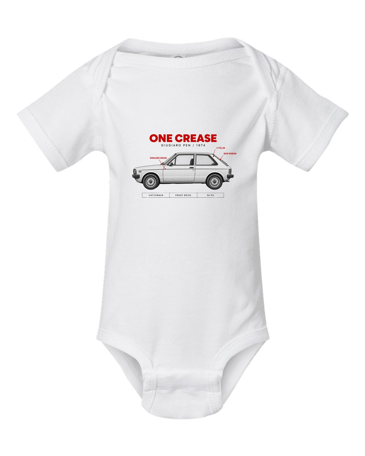 VW Golf Mk1 1974 Giugiaro Spec Poster print white baby onesie front view with the design