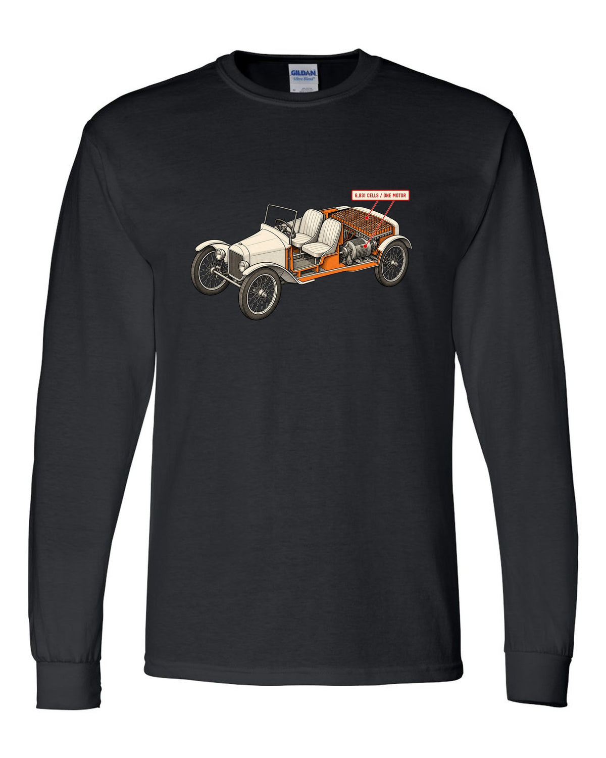 Isometric cutaway diagram print of a Tesla Roadster Gen 1 reading 6,831 Cells One Motor black long sleeve front view with the design