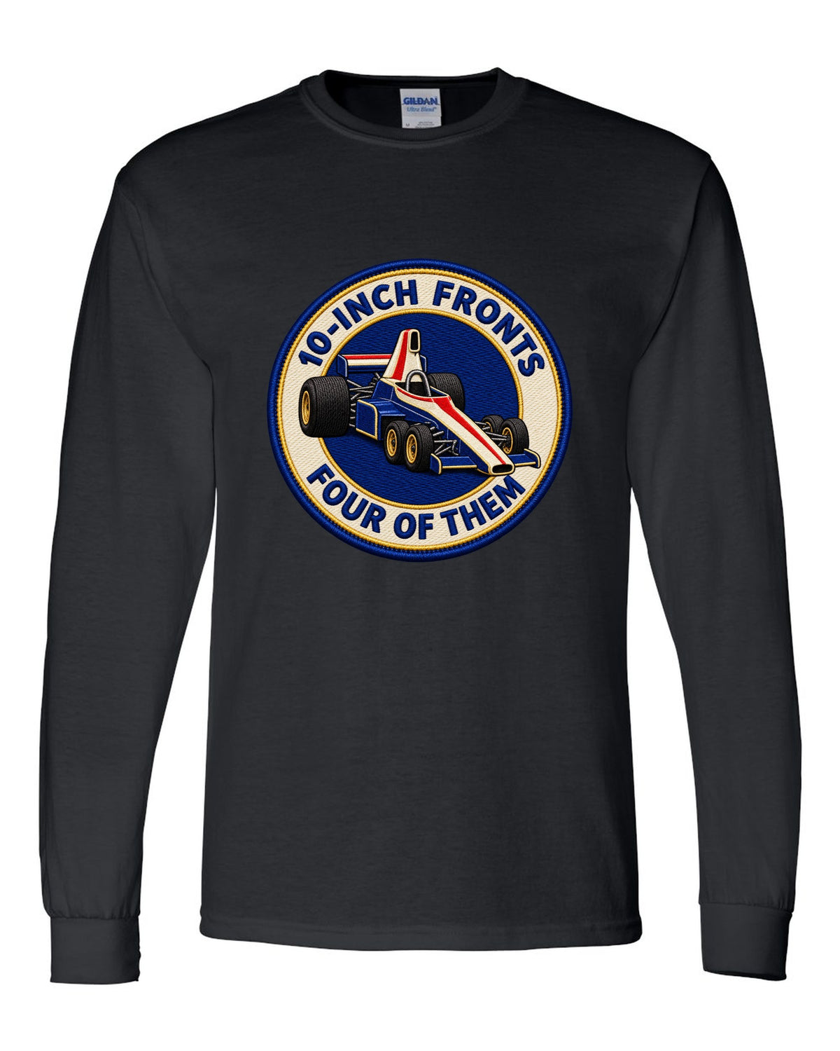 Varsity crest print of the Tyrrell P34 with 10-inch fronts, four of them lettering black long sleeve front view with the design