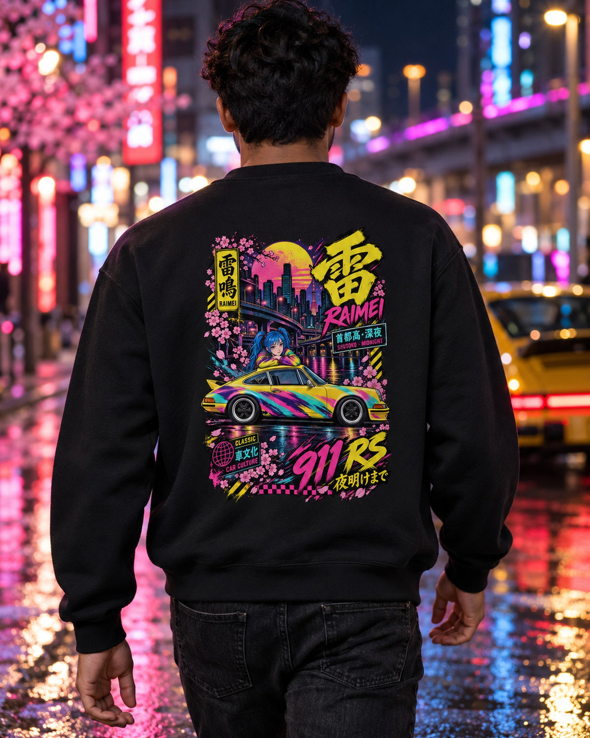 RAIMEI 911 RS Anime Girl Full-Back Graphic Tee Crewneck Black worn hero