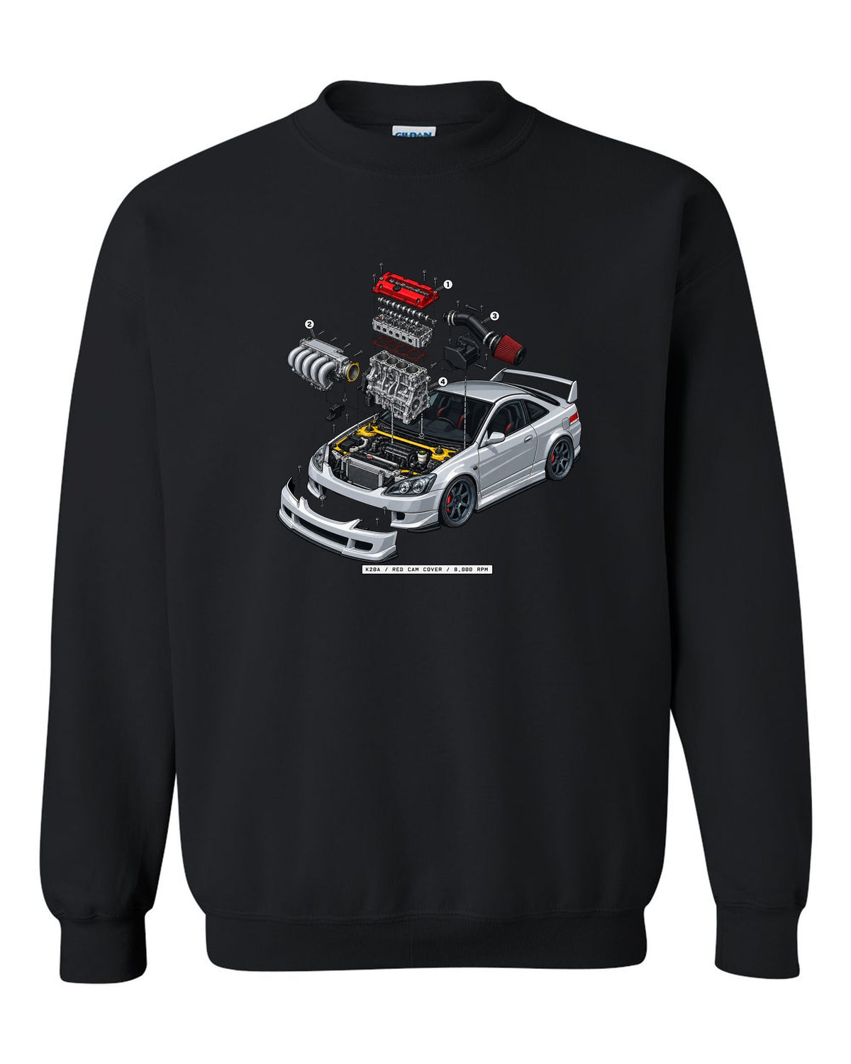 Exploded K20A engine diagram print of a 2002 Honda Integra DC5 ch with red cam cover text black crewneck front view with the design