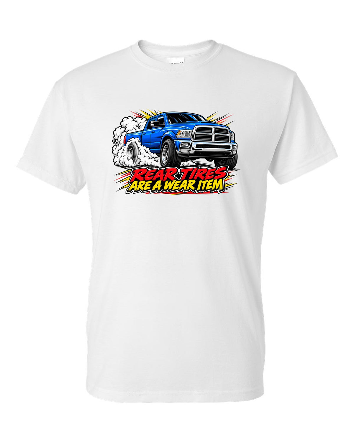 Comic ink burnout print of a 2003-2009 Dodge Ram 2500 5.9 Cummins HO white t-shirt front view with the design