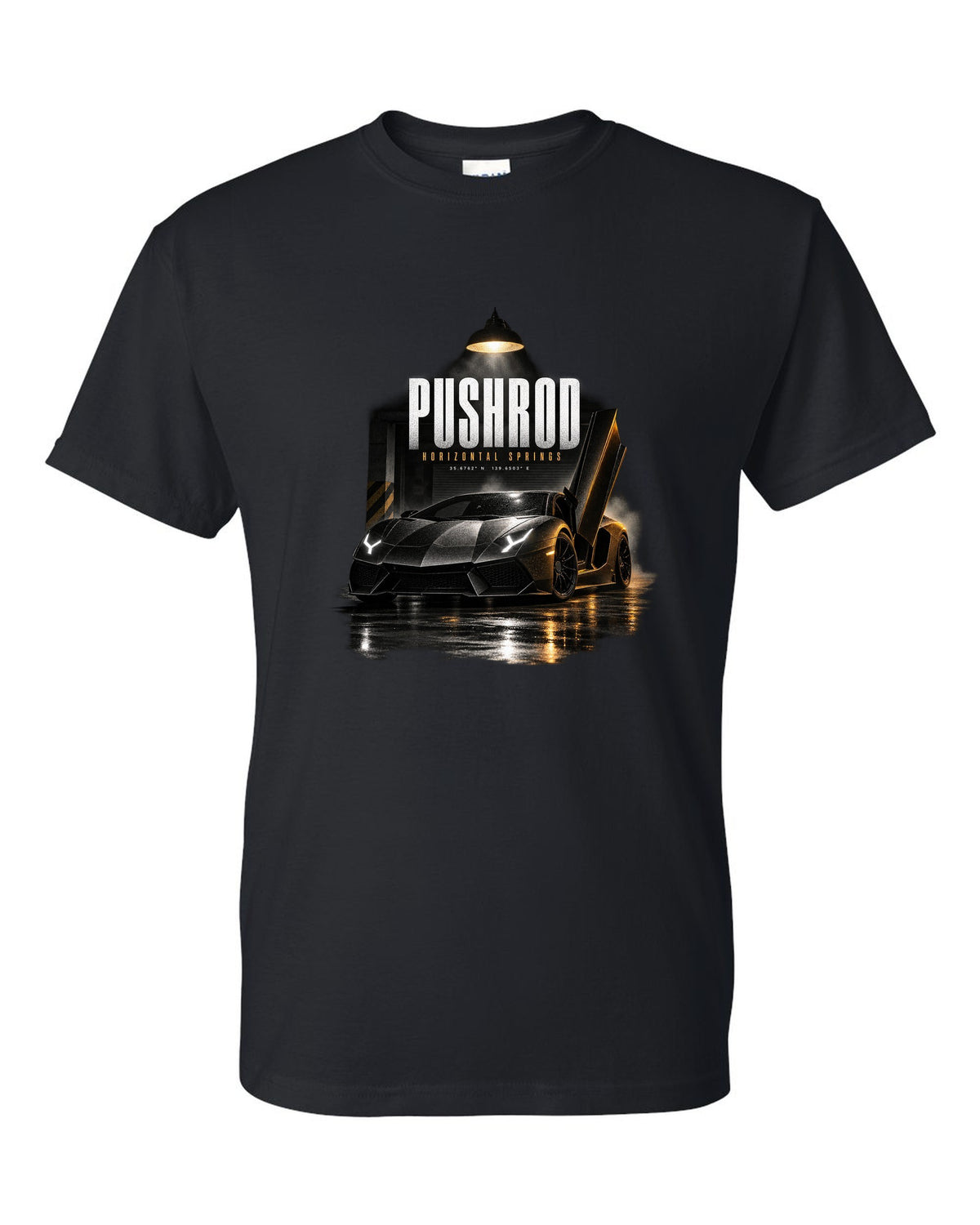 Garage night print of a Lamborghini Aventador S LP740-4 with Pushrod and Horizontal Springs text black t-shirt front view with the design
