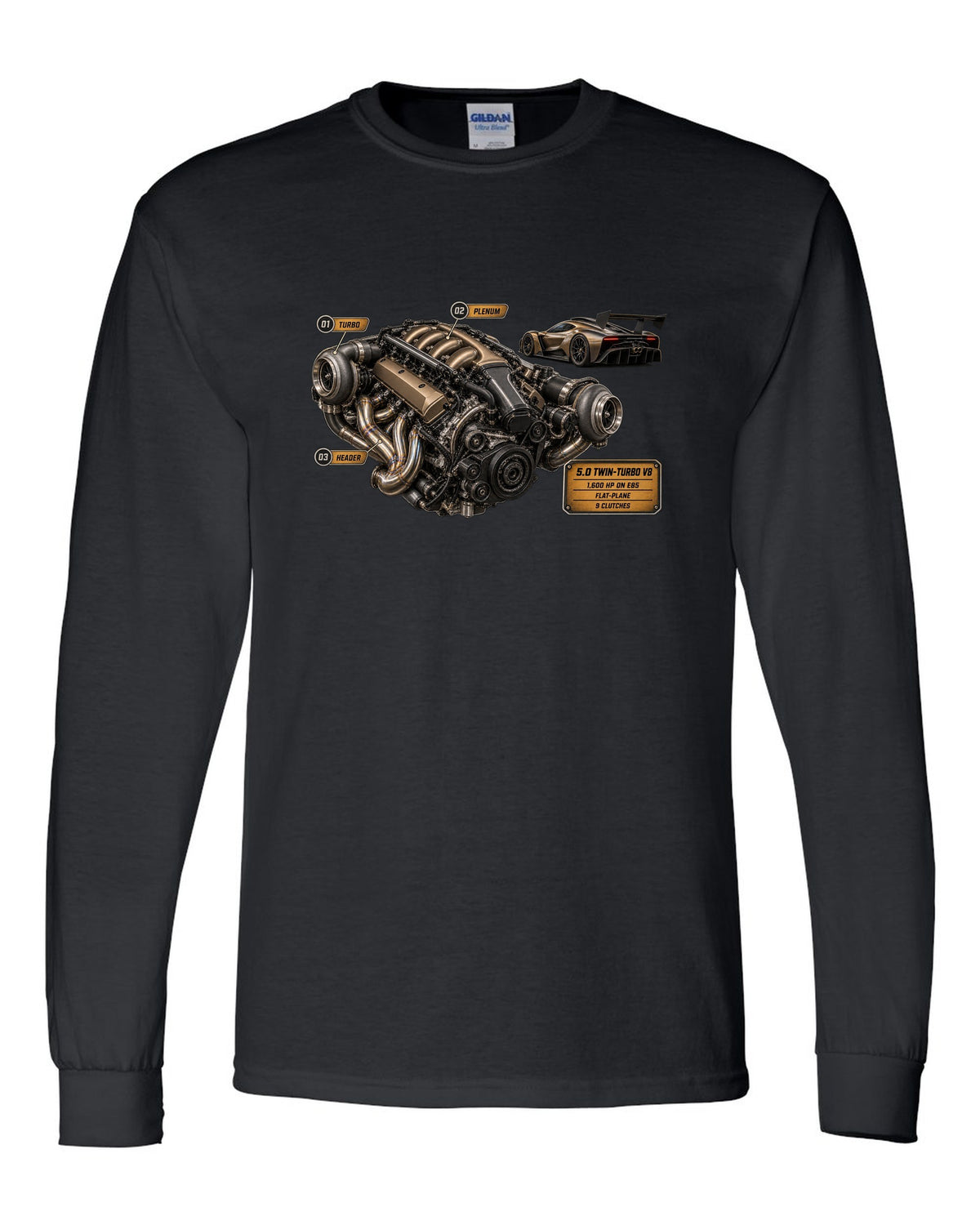 print engine hero of a Koenigsegg Jesko in bronze-grey carbon weave black long sleeve front view with the design