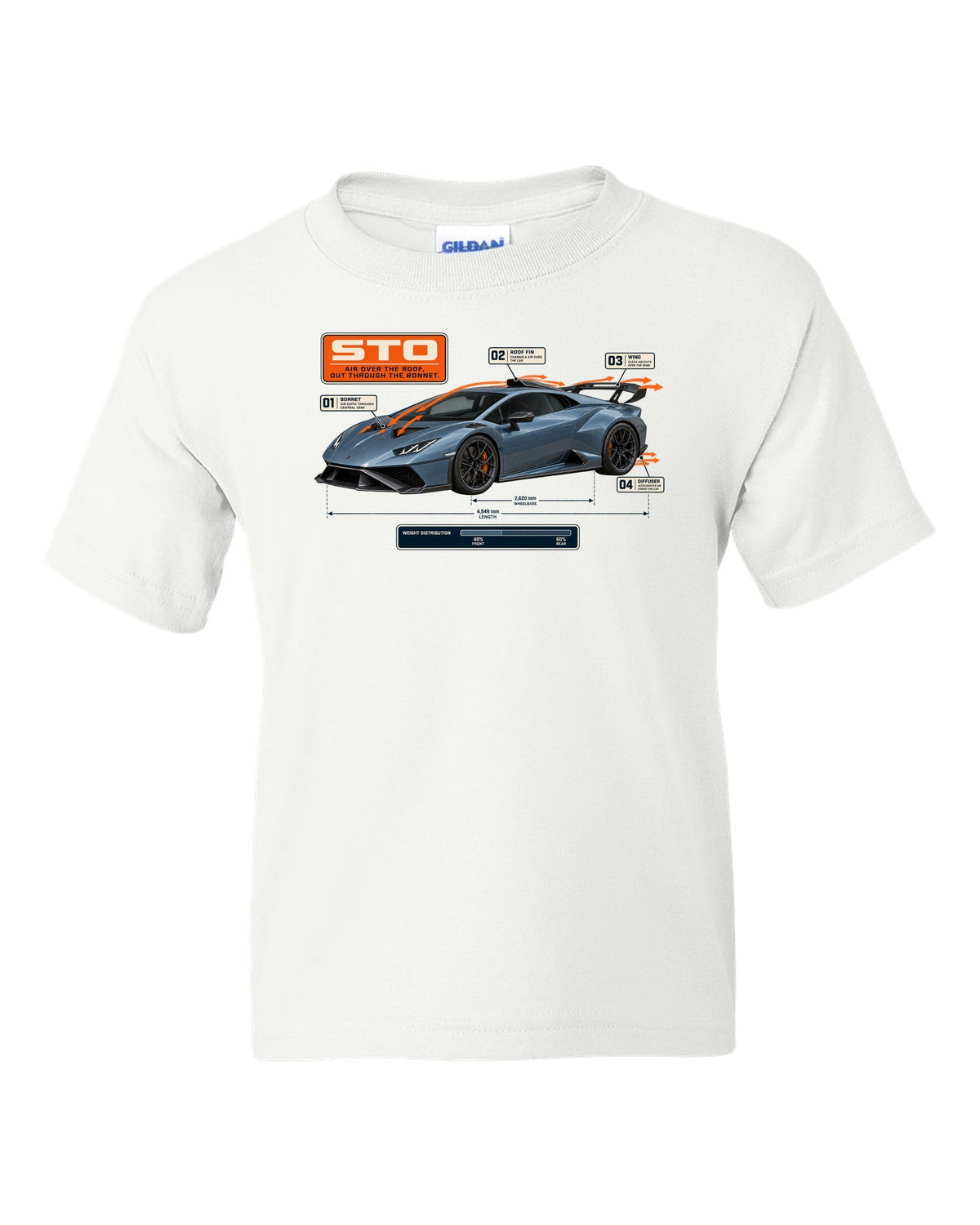 Aero callout print of the Lamborghini Huracan STO showing airflow white kids tee front view with the design