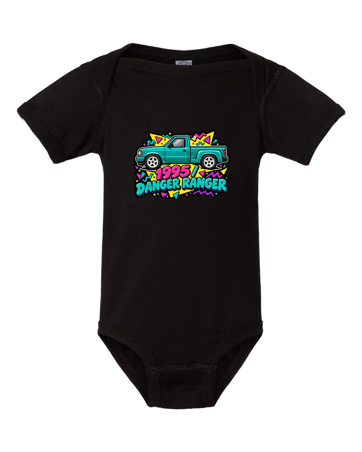Ford Ranger 1995 stepside in a 90s Memphis sticker pack print black baby onesie front view with the design