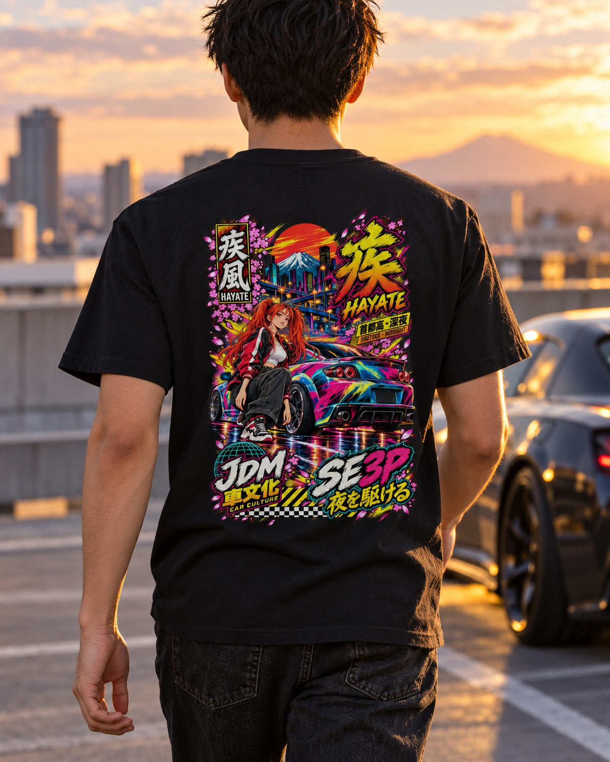 HAYATE SE3P Anime Girl Full-Back Graphic Tee T-Shirt Black worn hero