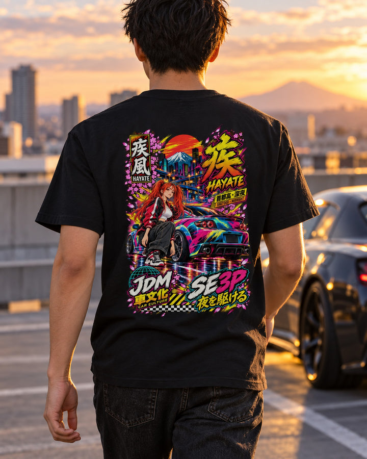 HAYATE SE3P Anime Girl Full-Back Graphic Tee T-Shirt Black worn hero