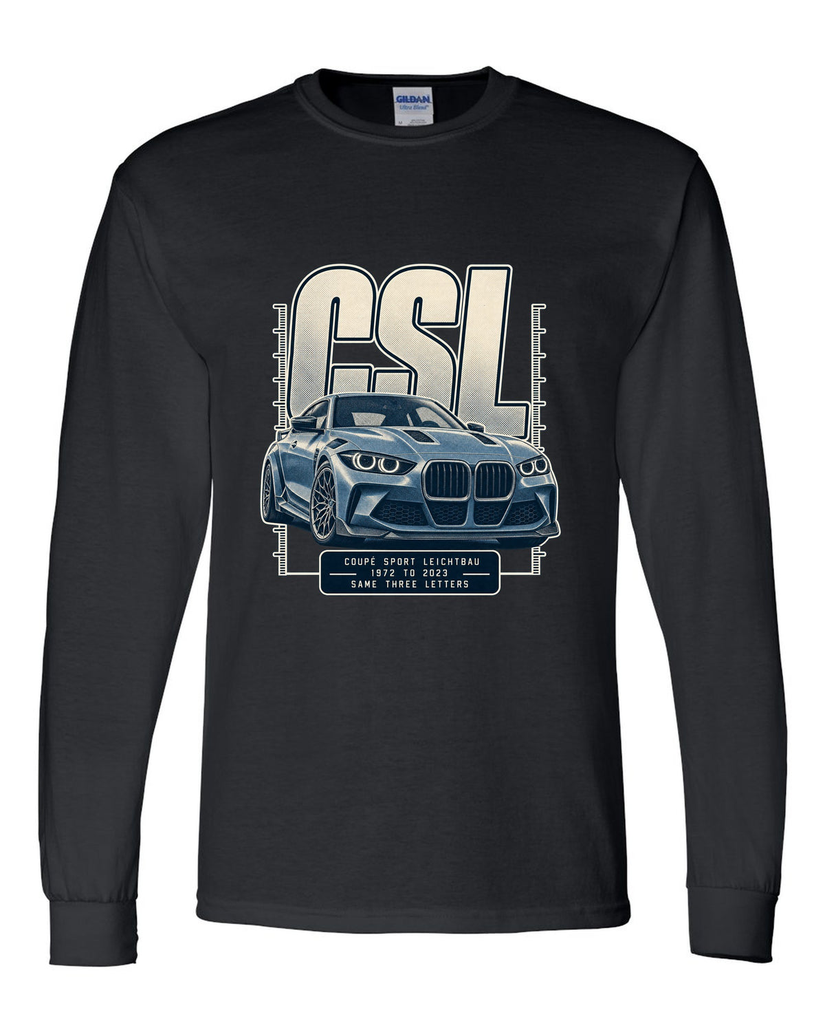 BMW CSL halftone lettering print, 1972 to 2023 black long sleeve front view with the design