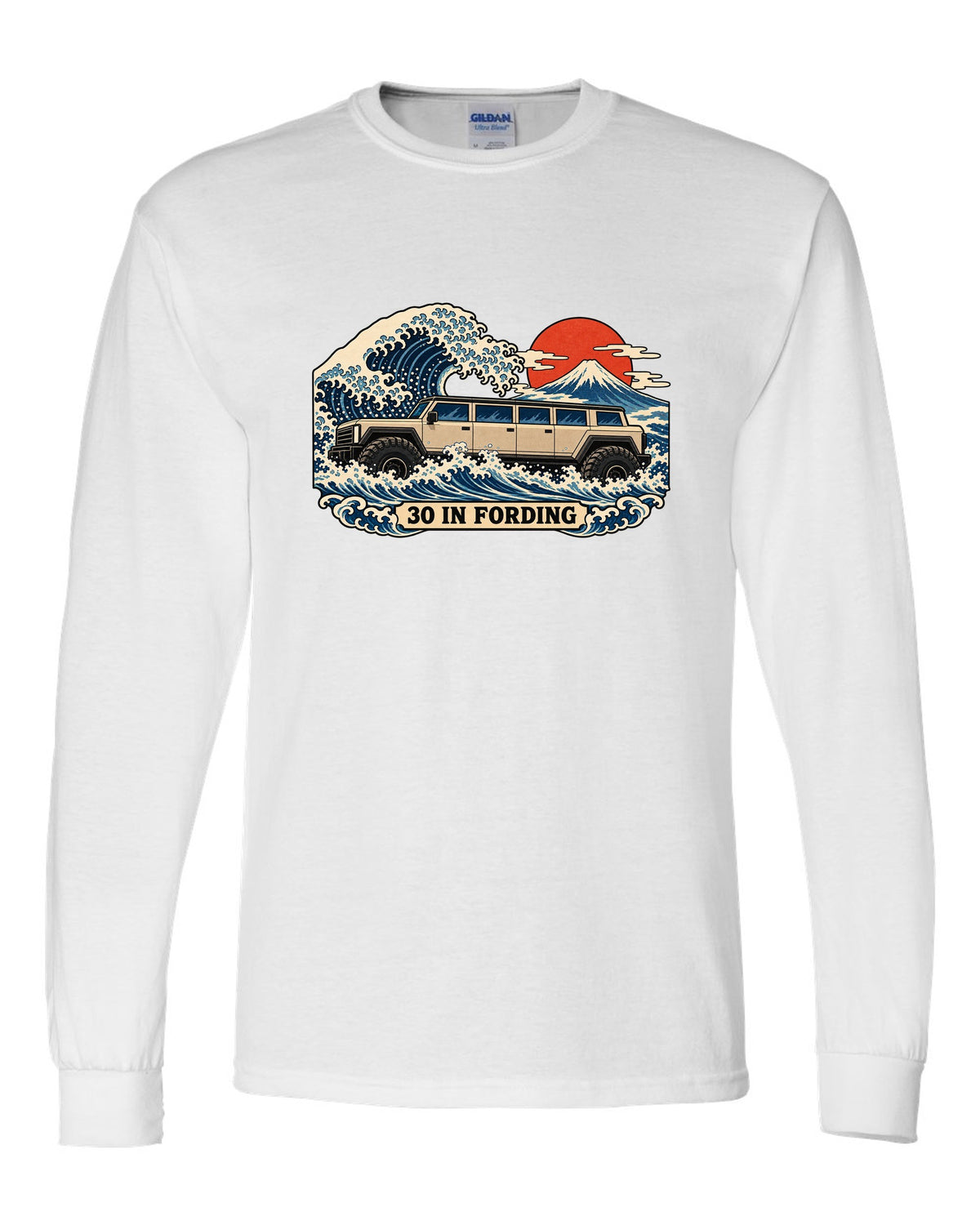 Ukiyo-e woodblock wave print with a 1992-2006 Hummer H1 and 30 IN FORDING text white long sleeve front view with the design