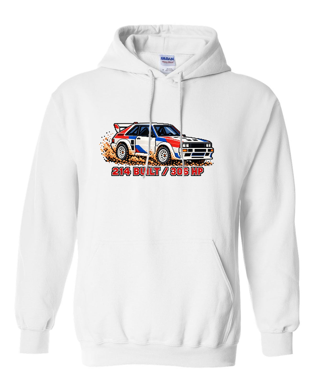 16-bit pixel art print of an Audi Sport Quattro SWB with 214 Built text white pull over hoodie front view with the design