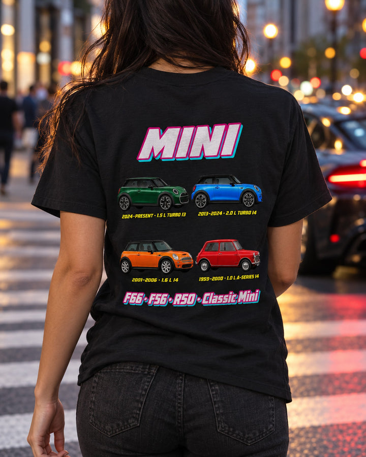 Mini Cooper Evolution Poster Full-Back Graphic Tee T-Shirt Black worn hero
