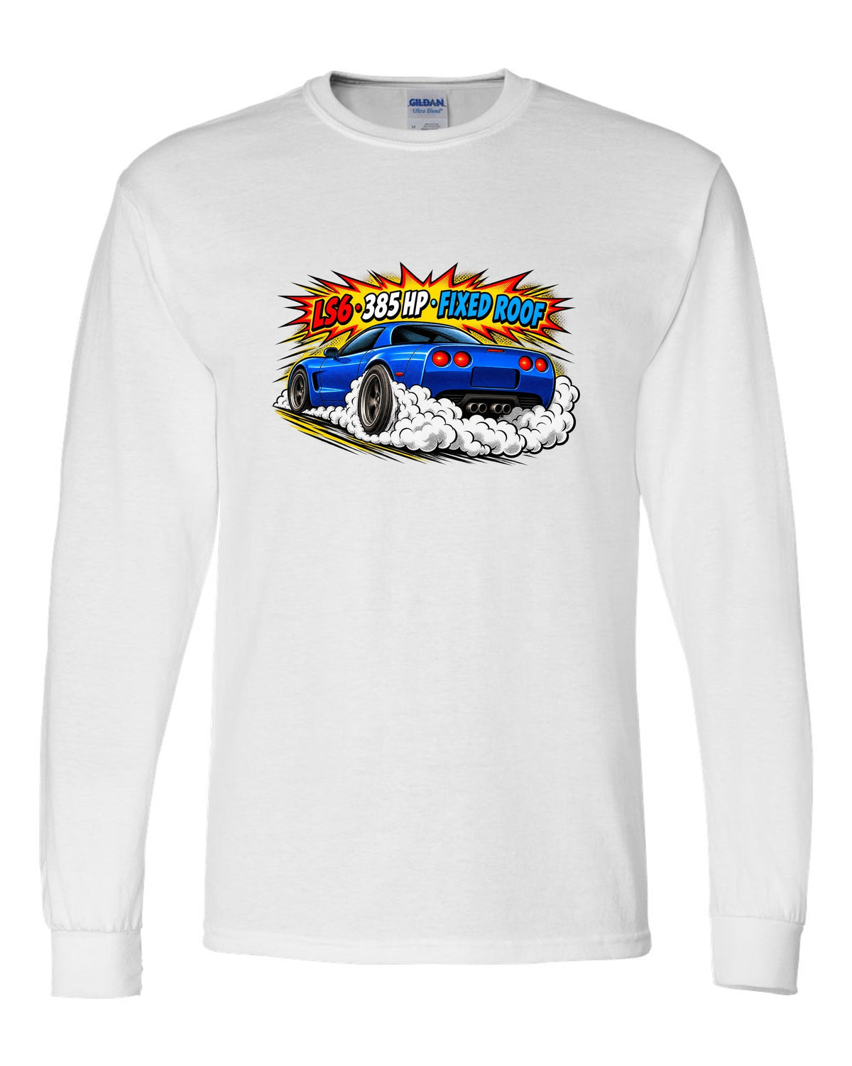 Comic halftone pop-art print of a 2001 Chevrolet Corvette C5 Z06 with LS6 385 HP Fixed Roof text white long sleeve front view with the design
