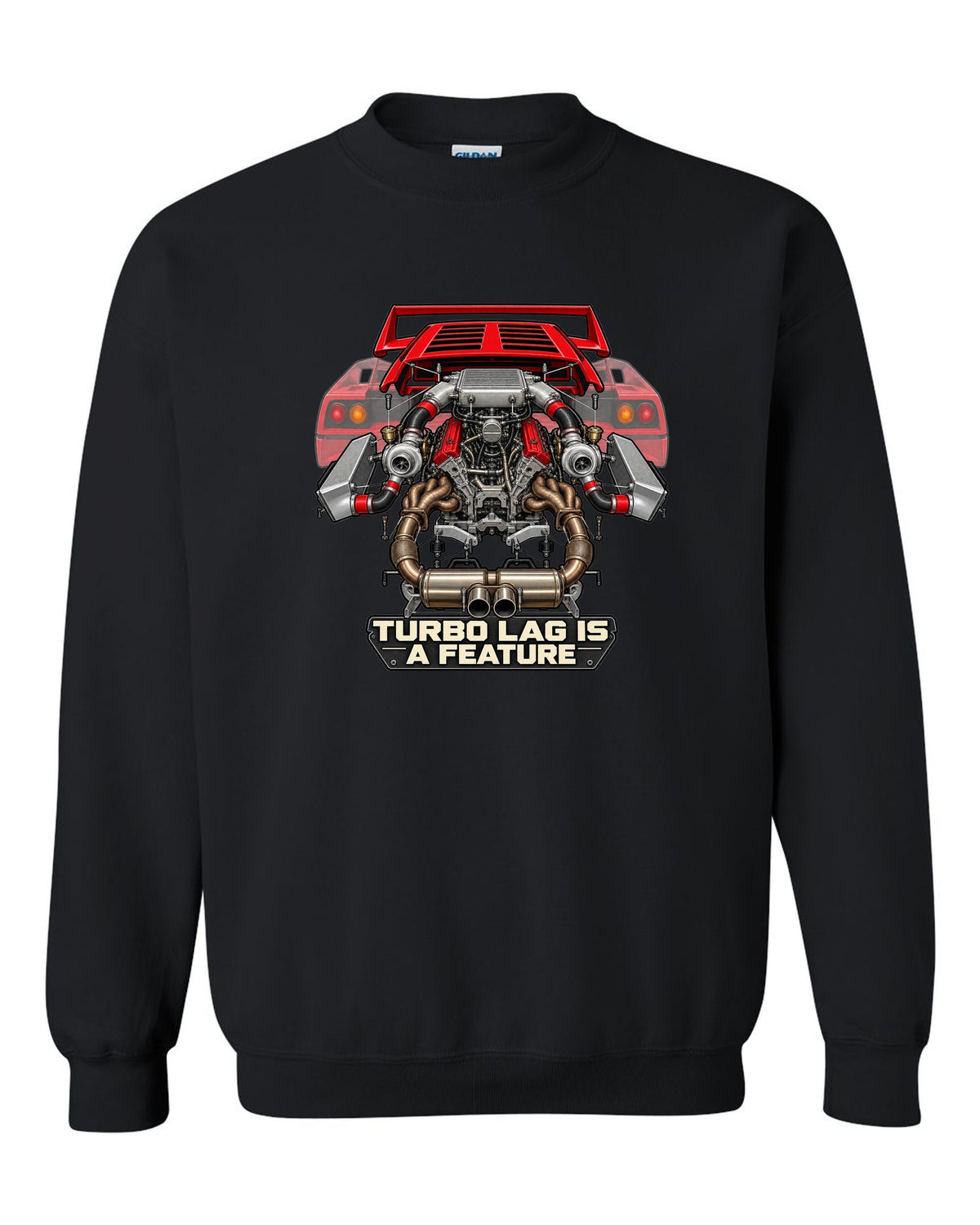 Exploded engine cutaway print of a Ferrari F40 F120 with turbo lag is a feature text black crewneck front view with the design