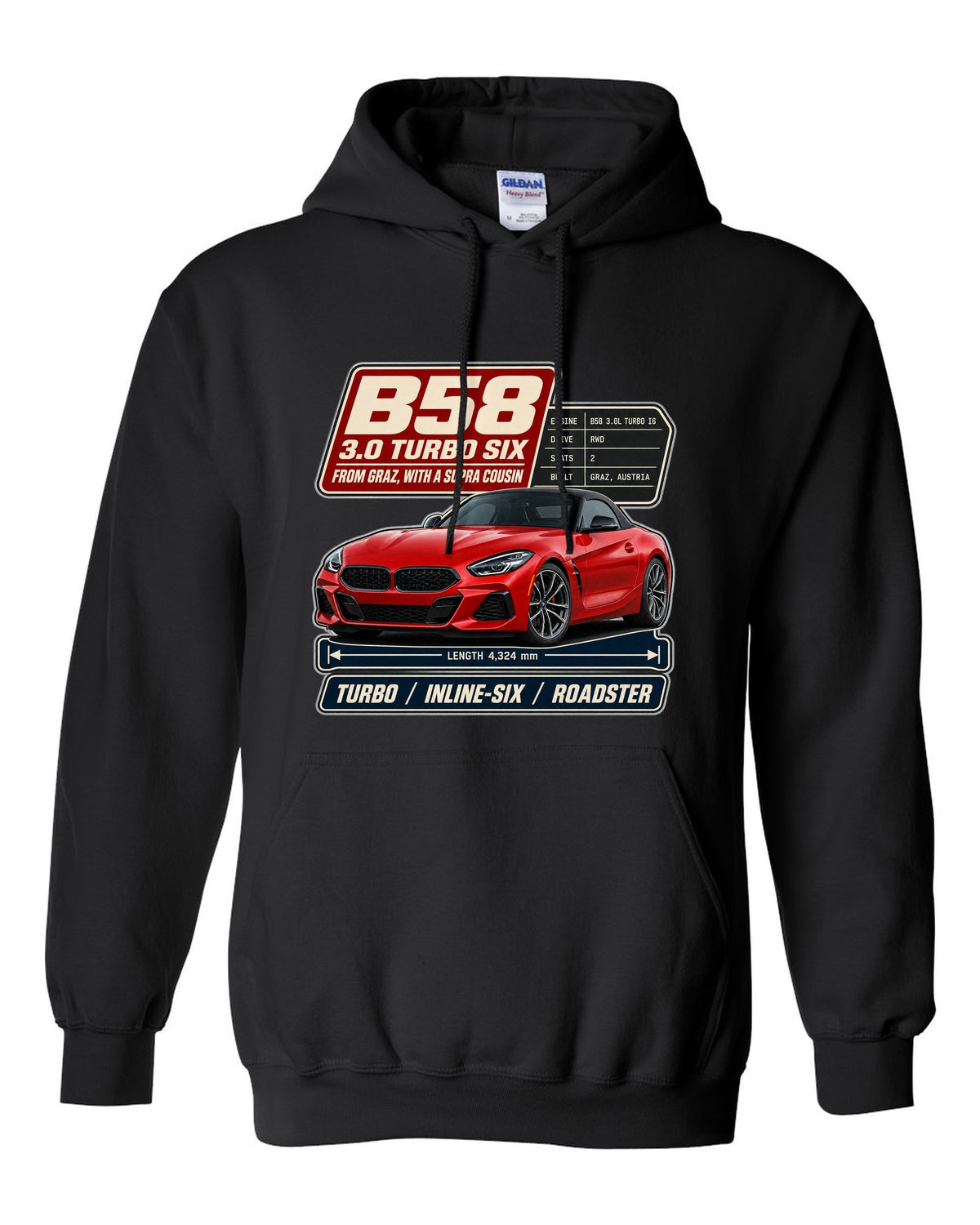 Spec poster print of the BMW Z4 M40i with B58 3.0 turbo six notes black pull over hoodie front view with the design