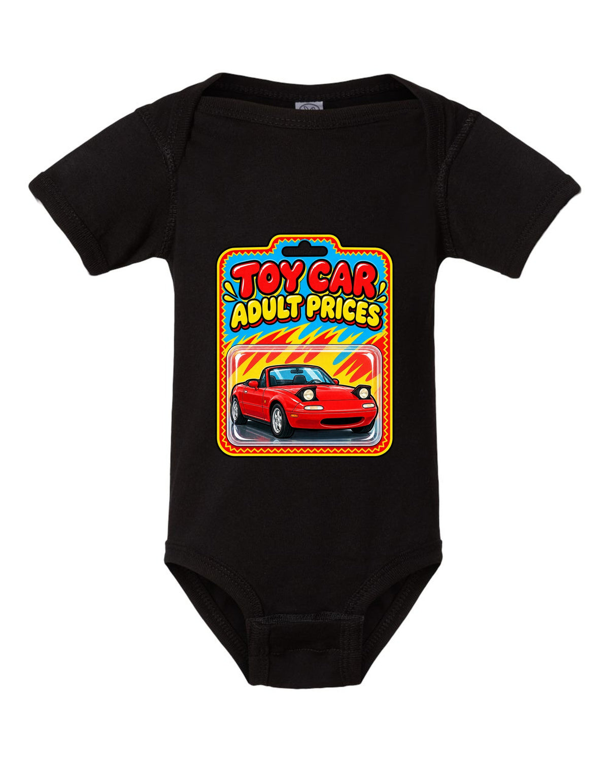 Toy car blister card style illustration of a Mazda MX-5 NA with adult prices text black baby onesie front view with the design