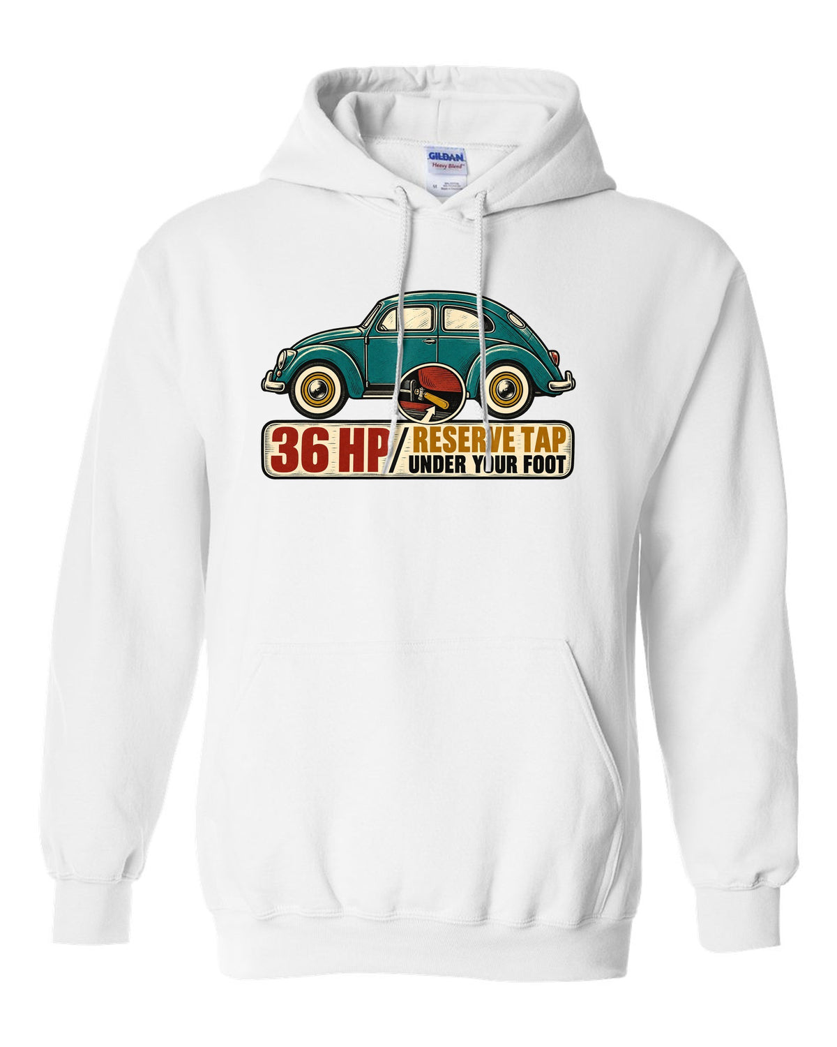 Multi-colour linocut of a 1955 oval-window VW Beetle with reserve tap lettering white pull over hoodie front view with the design