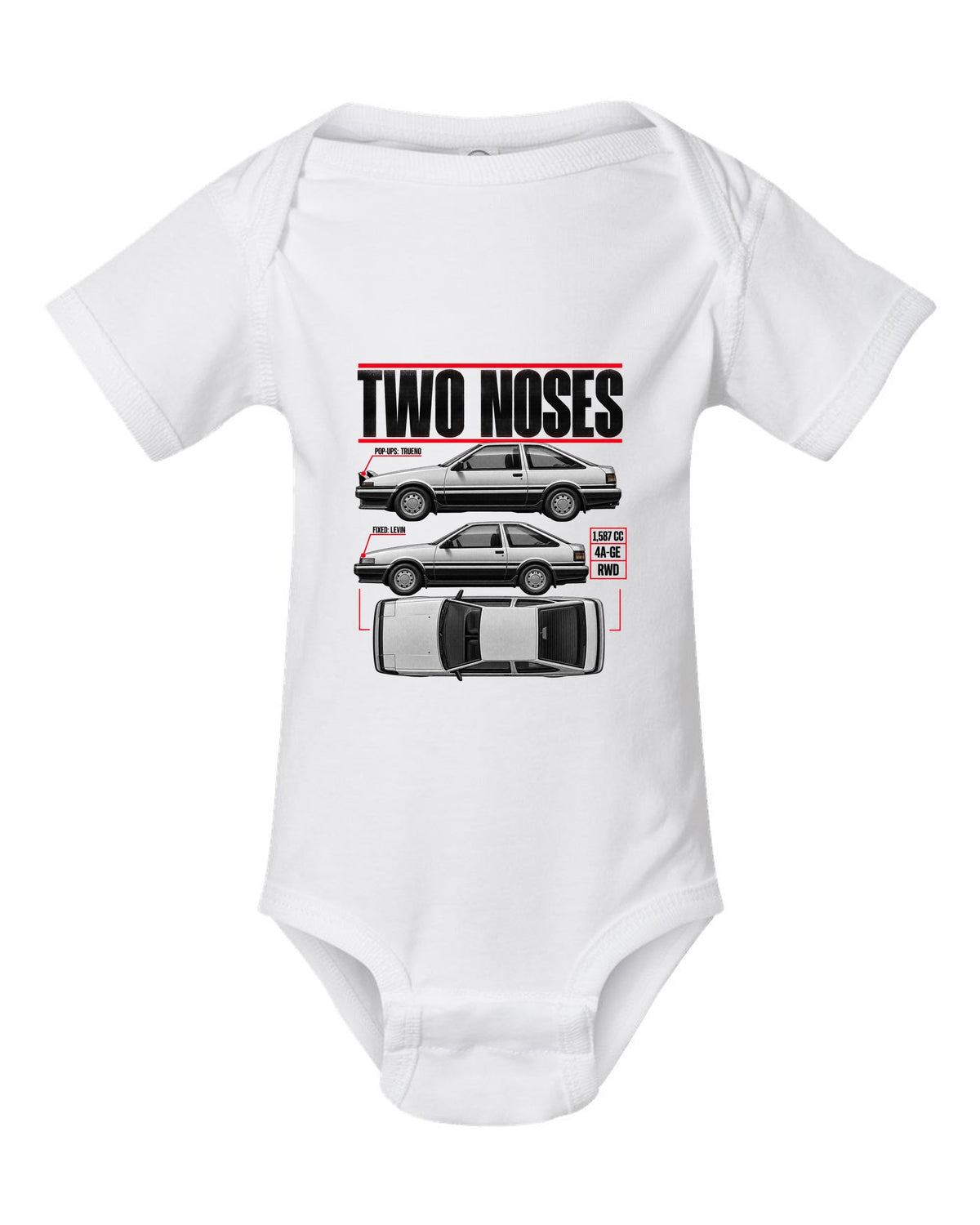 print spec poster of a Toyota AE86 Trueno and Levin in profile with pop-up and fixed headlights white baby onesie front view with the design