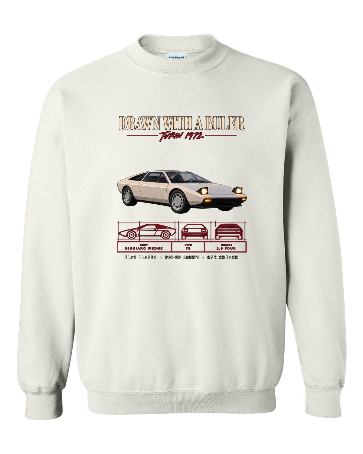 Archive panel print of a 1976 Lotus Esprit S1 Type 79 with Giugiaro wedge text white crewneck front view with the design