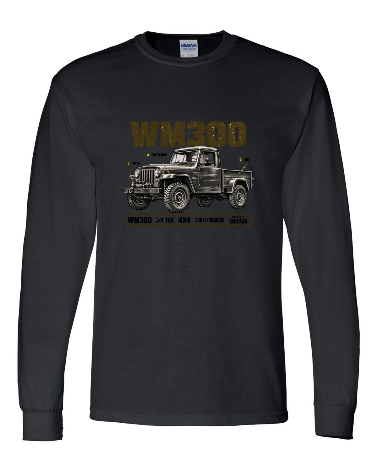 Spec poster print of a 1960-1971 Dodge Power Wagon WM300 flat fender truck black long sleeve front view with the design