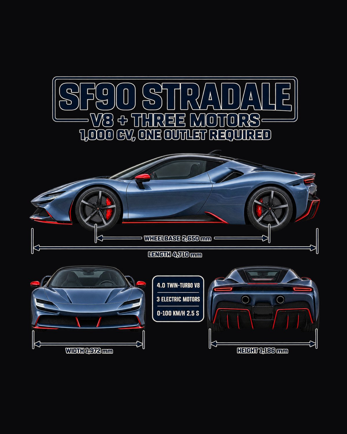 Ferrari SF90 Stradale Three-View Spec Sheet Tee design only