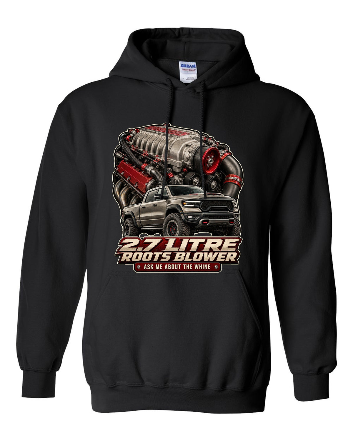 Ram 1500 TRX 2.7 litre Roots supercharger engine poster print black pull over hoodie front view with the design