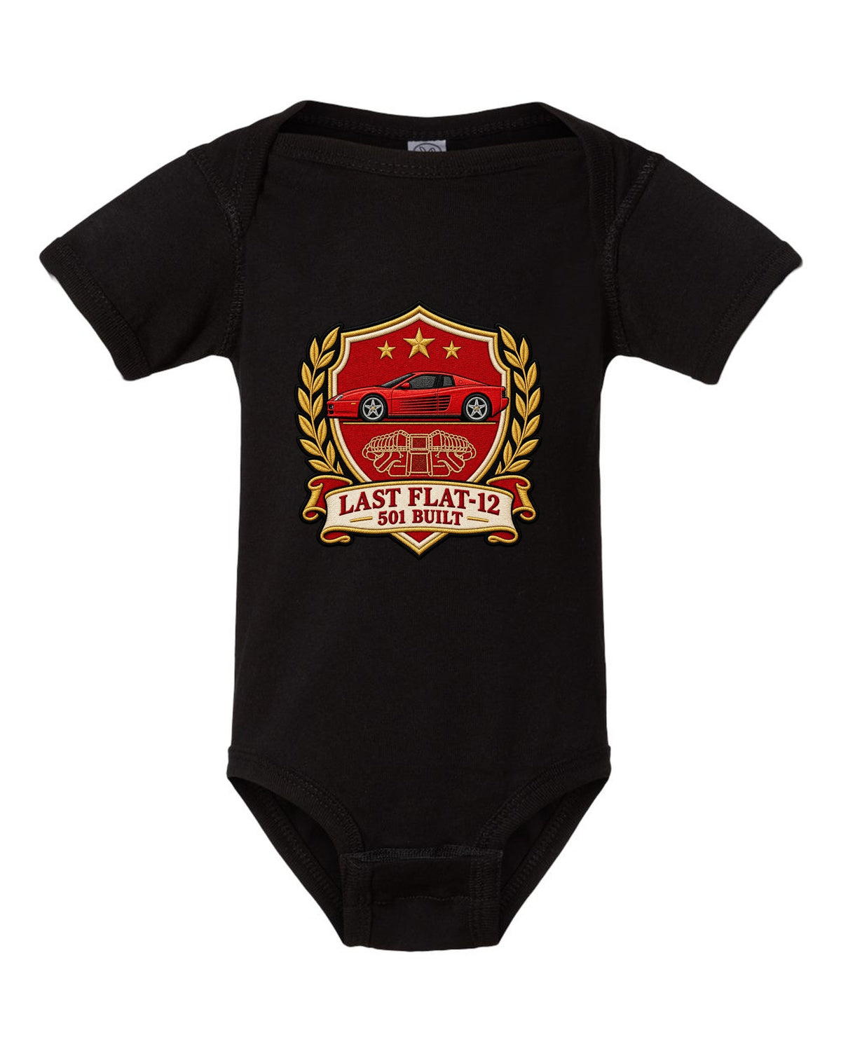 Varsity crest print for the Ferrari F512 M with the text last flat-12, 501 built black baby onesie front view with the design