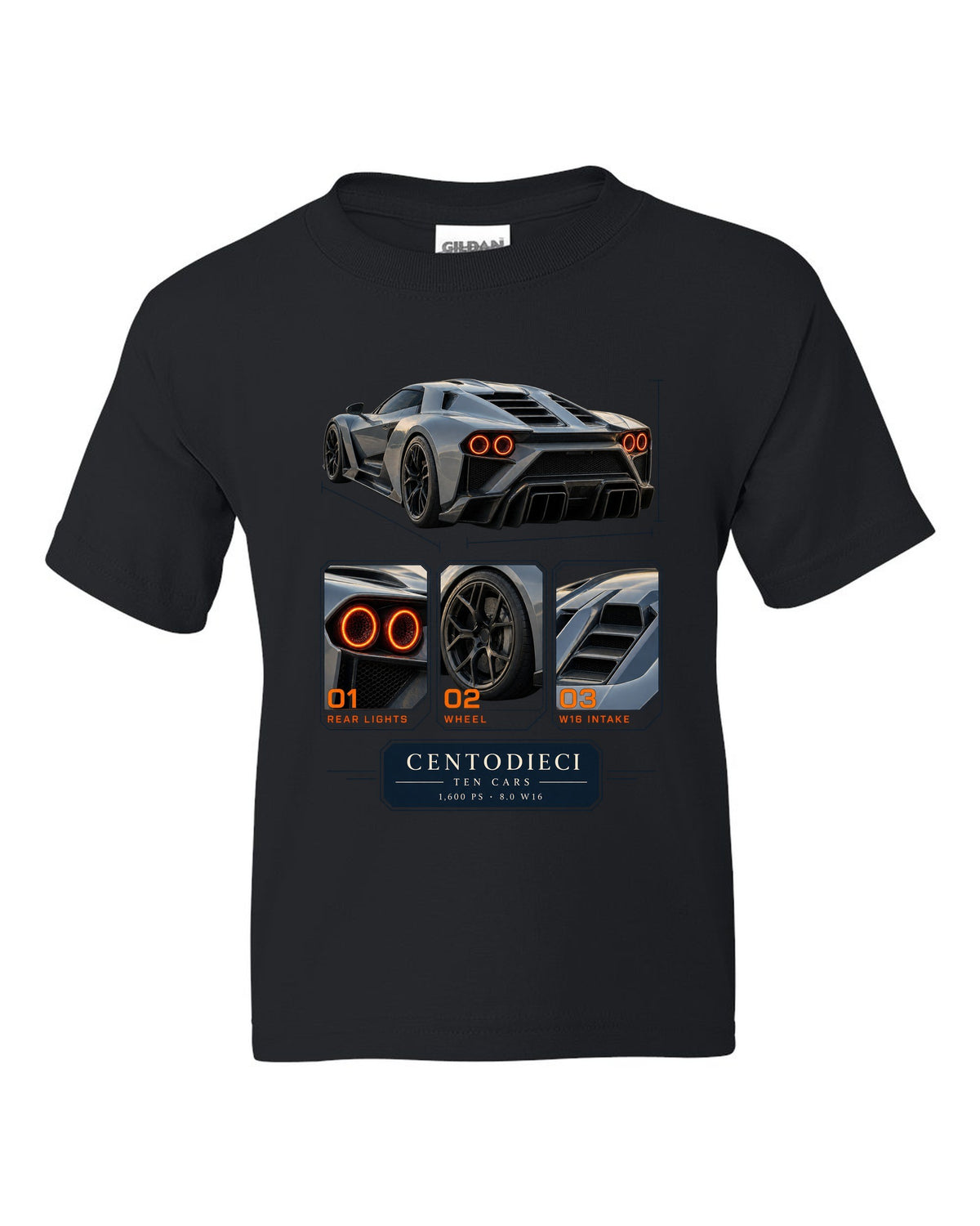 Dossier panel layout of the Bugatti Centodieci with ten-car text, print black kids tee front view with the design