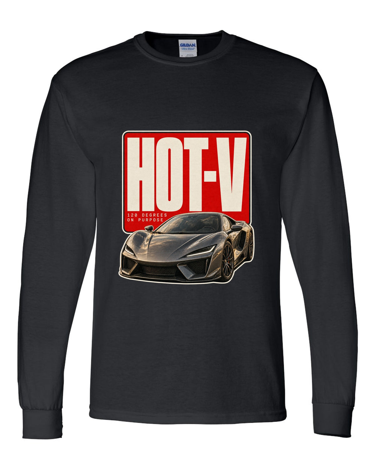 Editorial headline print of a McLaren Artura with hot-V 120 degree text black long sleeve front view with the design