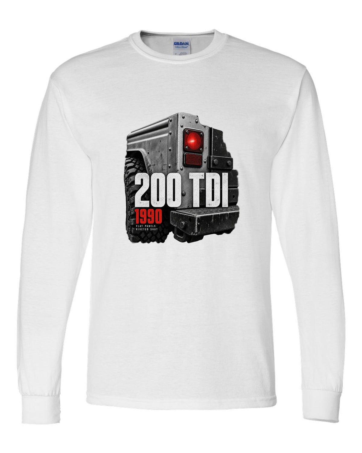 Land Rover Defender 200 Tdi taillight and riveted panel macro print white long sleeve front view with the design