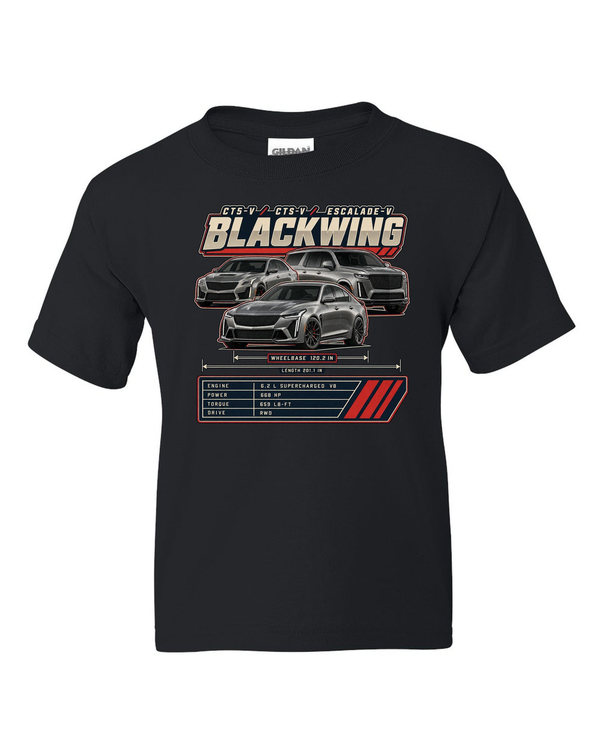 Spec poster print of a Dodge Charger SRT Hellcat Redeye Widebody black kids tee front view with the design