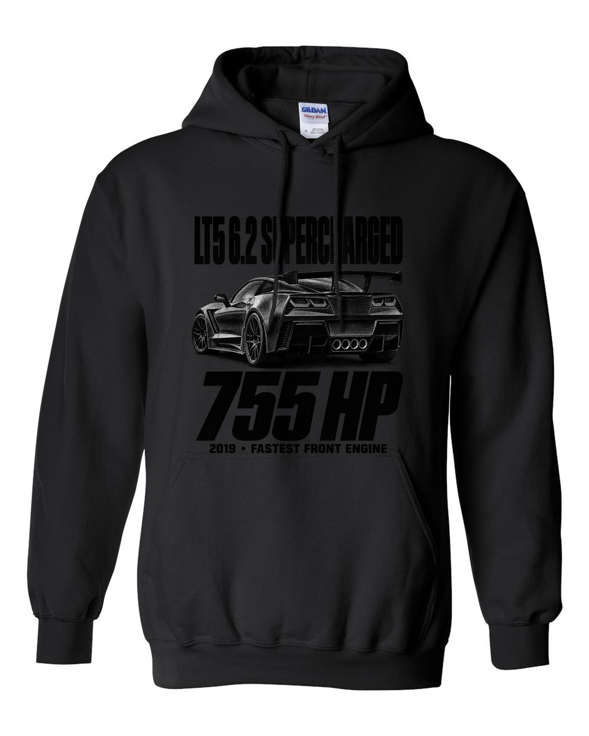 Corvette C7 ZR1 2019 halftone print with rear wing and vents black pull over hoodie front view with the design