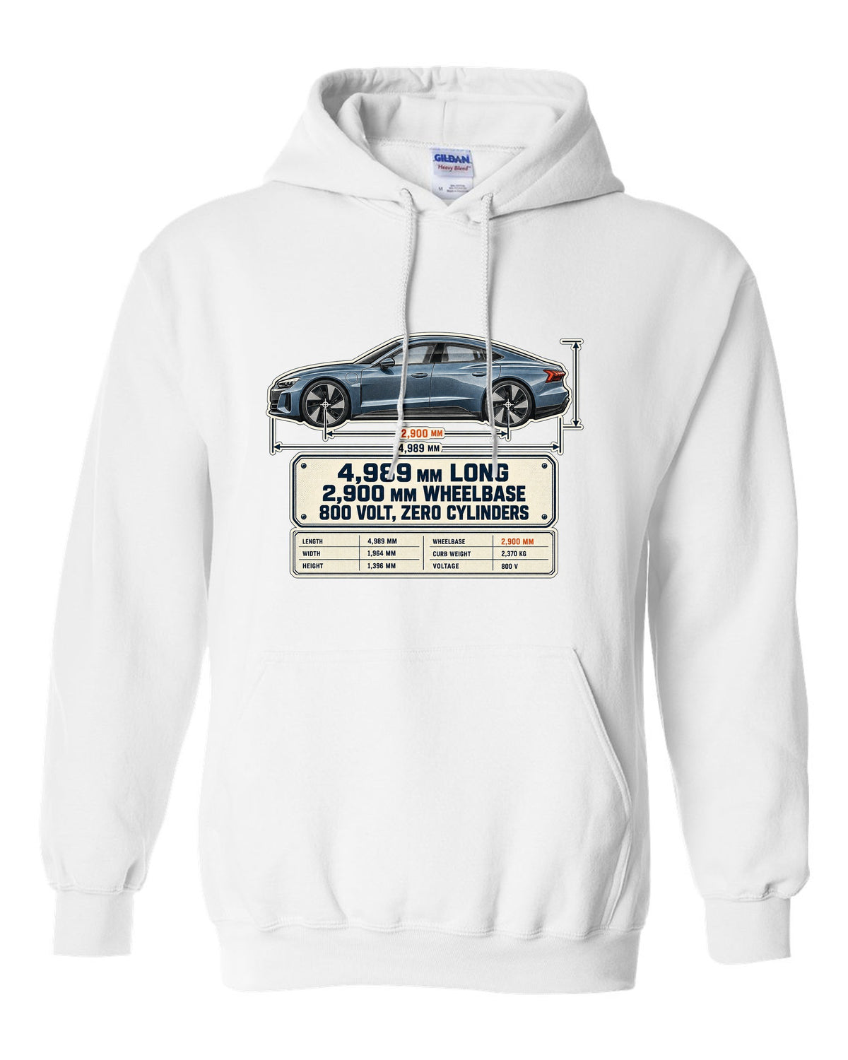 Audi RS e-tron GT J1 dimension blueprint print design white pull over hoodie front view with the design