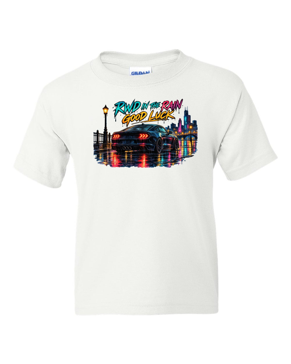 Hyundai Genesis Coupe BK2 watercolour wet road night print with RWD in the rain text white kids tee front view with the design