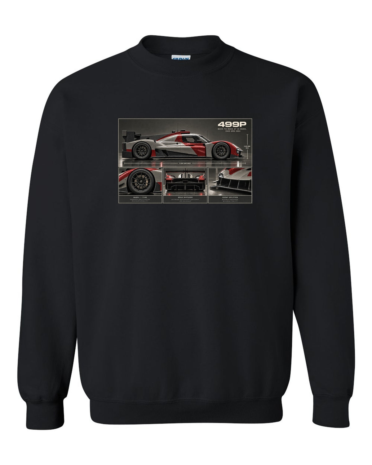 Ferrari 499P dossier panel print noting back-to-back at Le Mans 2023 and 2024 black crewneck front view with the design