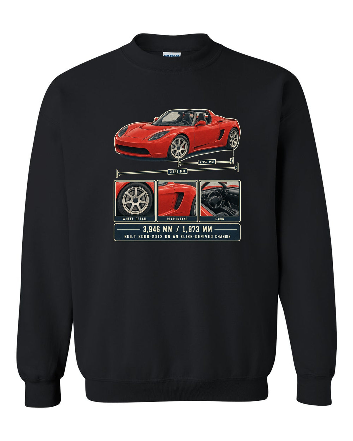 Dossier panel print of a first-generation Tesla Roadster with dimensions black crewneck front view with the design