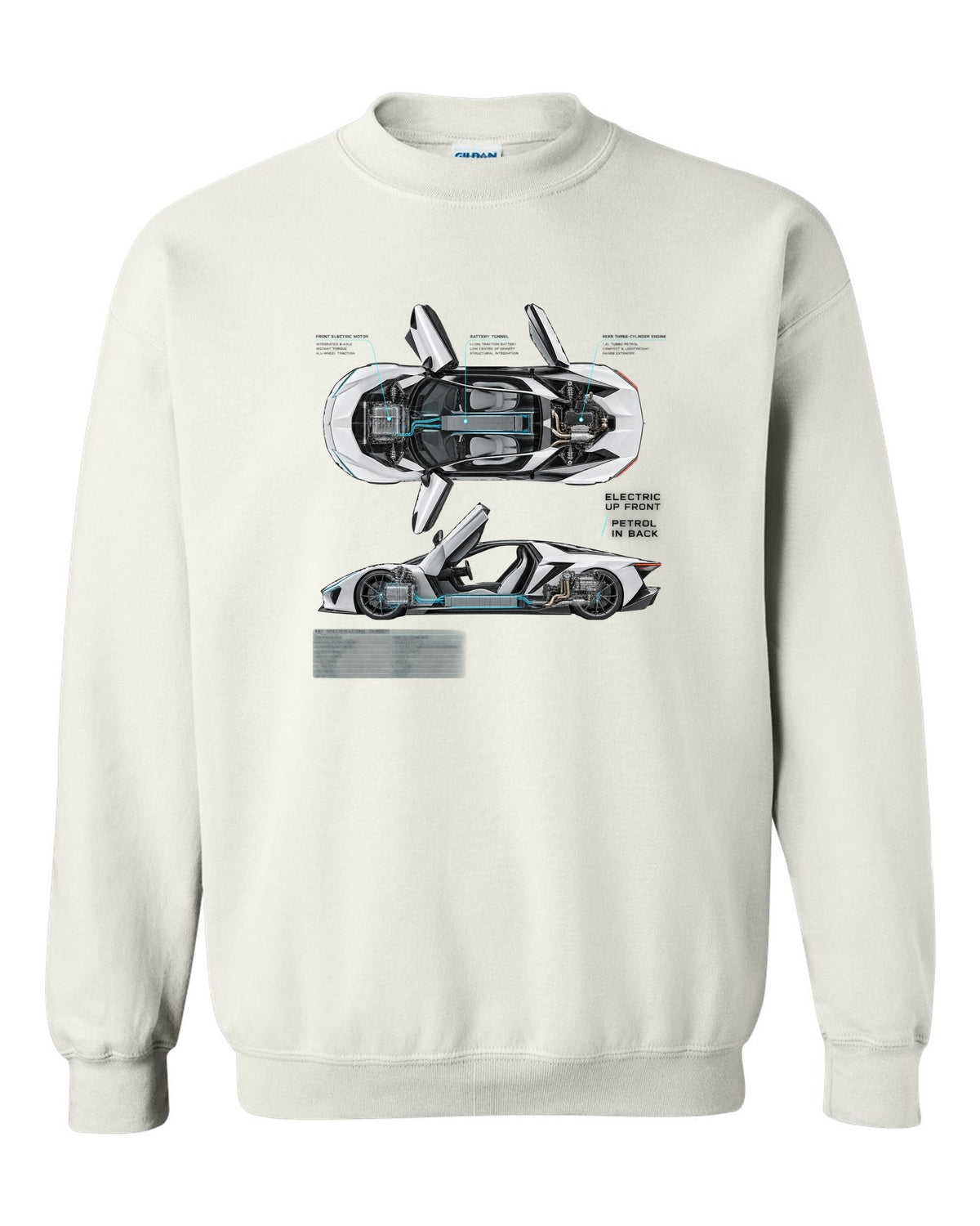 BMW i8 I12 spec poster print with electric up front petrol in back text white crewneck front view with the design