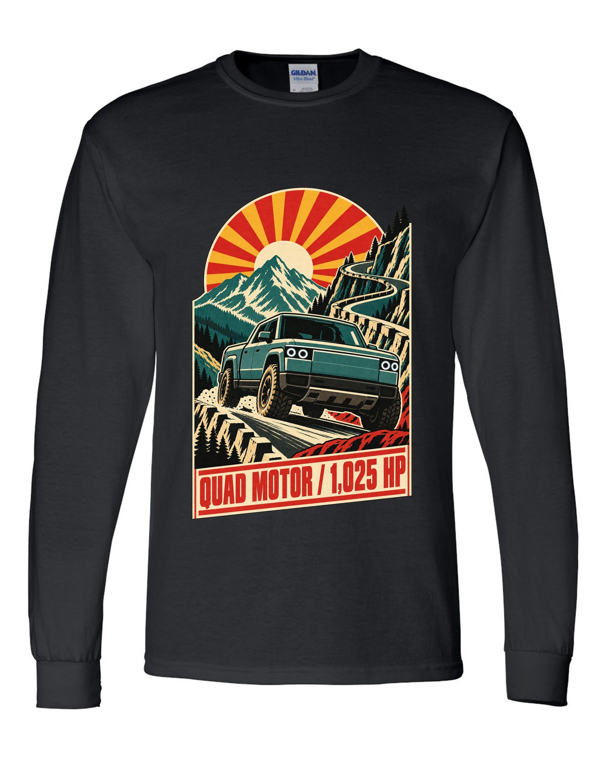 1960s lithographed vintage race poster print of a Rivian R1T reading Quad Motor 1,025 HP black long sleeve front view with the design