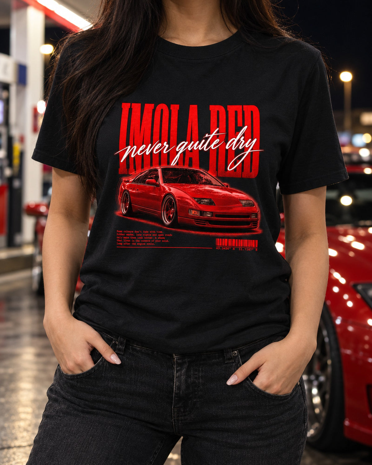 BMW E36 M3 Imola Red Street Poster Tee, Never Quite Dry T-Shirt Black worn hero