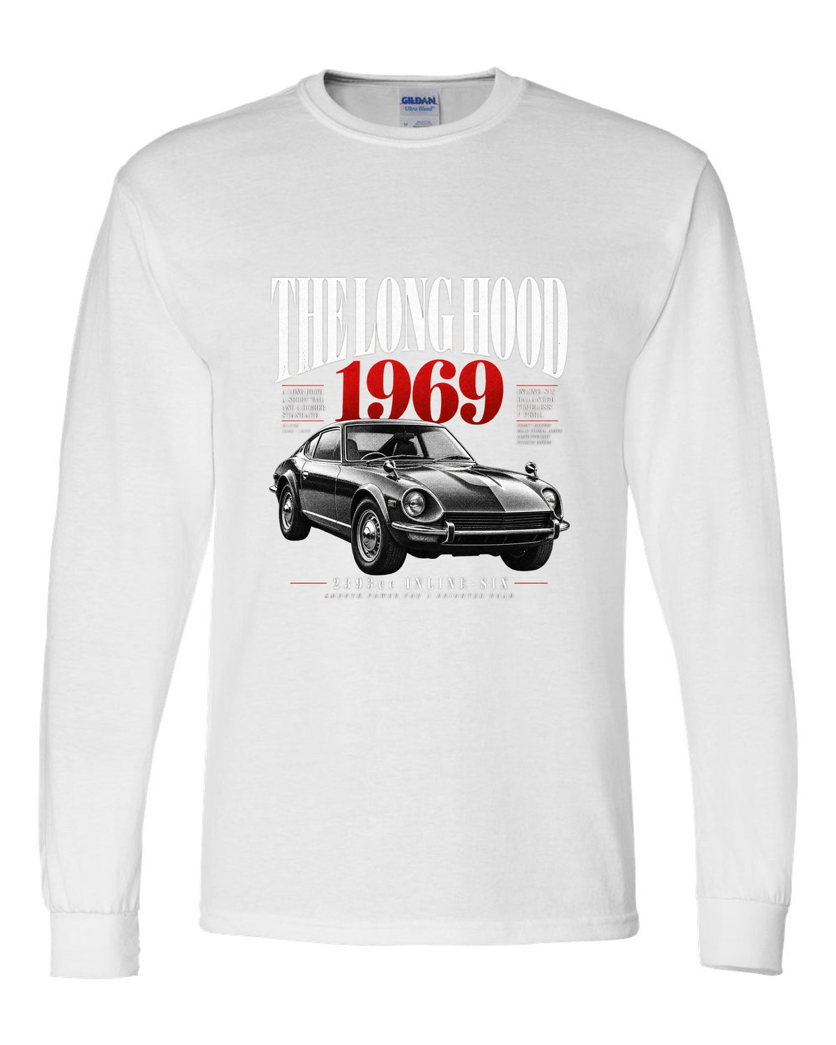 print of a Datsun 240Z HLS30 with editorial headline about the long hood and 2393cc inline-six white long sleeve front view with the design