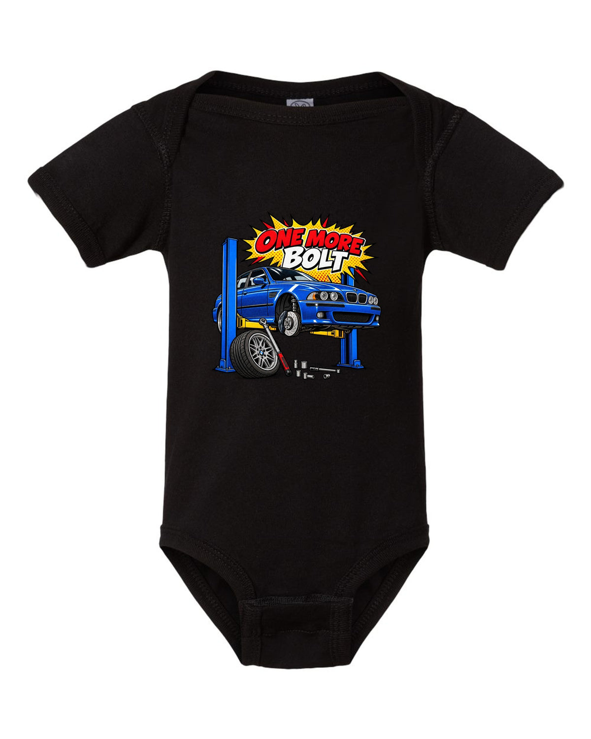 Ukiyo-e woodblock wave print of a BMW M5 E39 with S62 4.9 V8 text black baby onesie front view with the design
