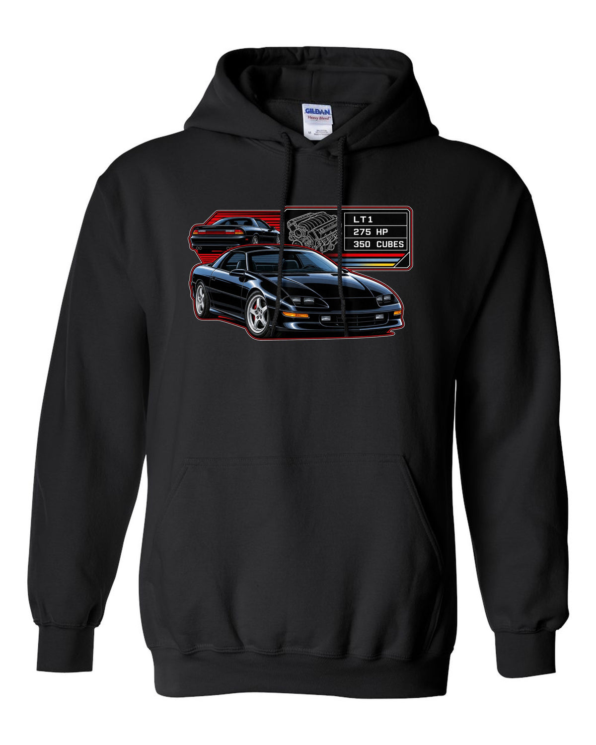 1993 Camaro Z28 fourth-generation spec plate design with the text LT1 275 HP 350 Cubes black pull over hoodie front view with the design