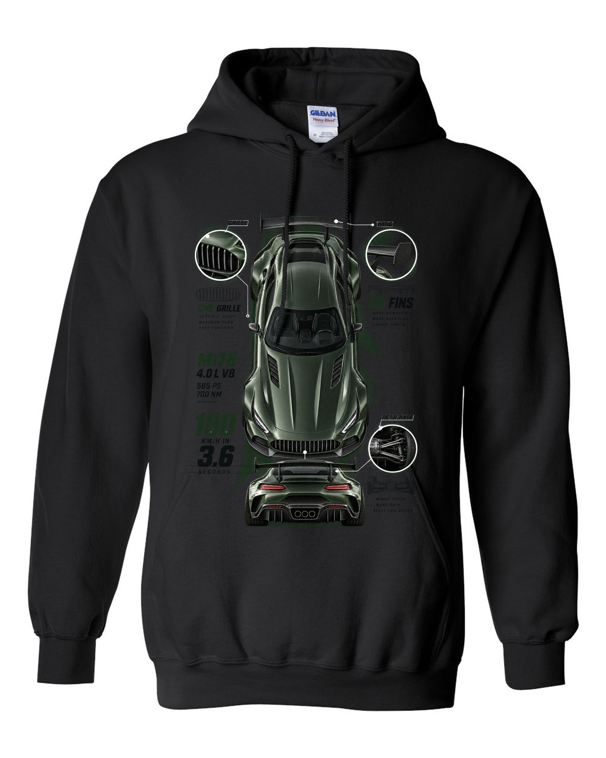 Spec poster print of a Mercedes-AMG GT R C190 with 100 km/h in 3.6 and 15 fins lettering black pull over hoodie front view with the design