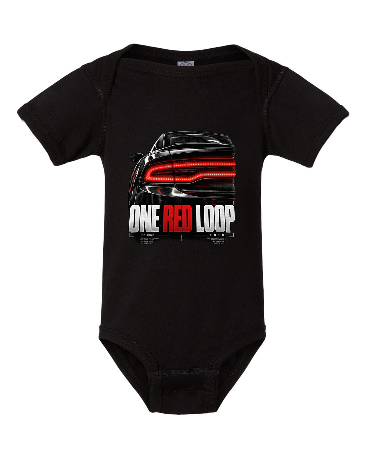 Macro print of a 2015 Dodge Charger LX/LD red LED ring taillight black baby onesie front view with the design